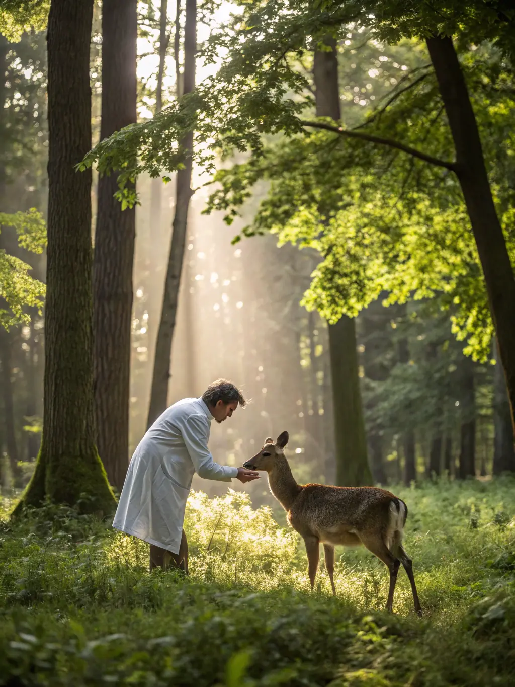 A photograph of a wildlife expert conducting a health check on a captured deer, emphasizing the organization's commitment to animal welfare.