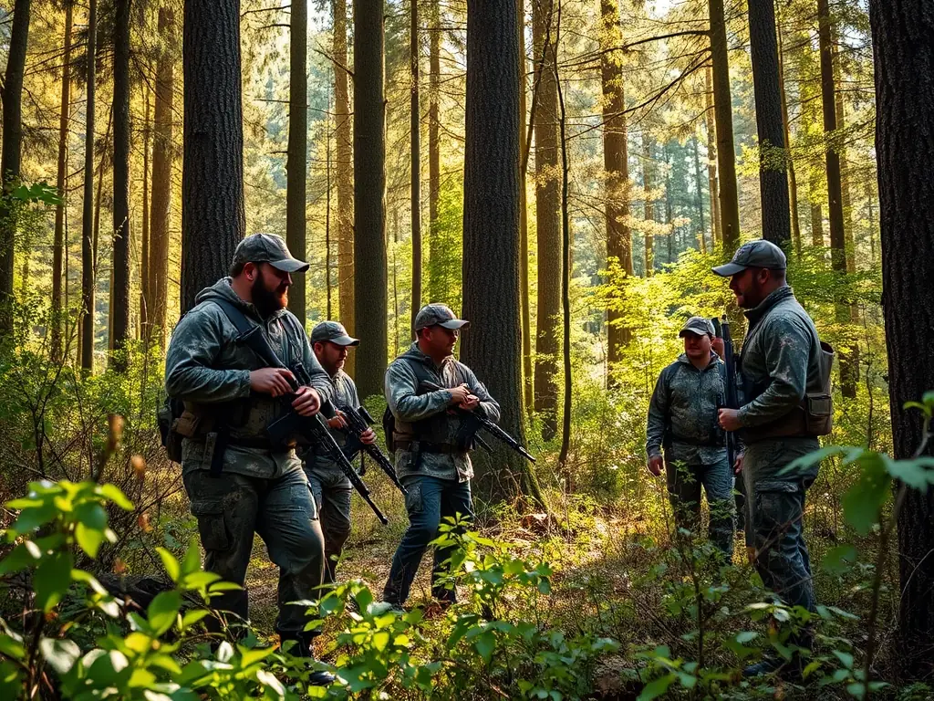A photograph depicting a group of members participating in a controlled hunting activity in a lush, green forest, showcasing responsible hunting practices.