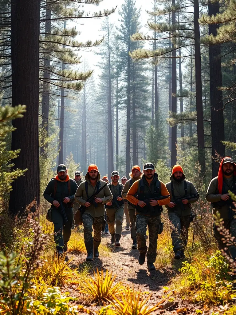 A photograph capturing a group of hunters from AMICALE DE CHASSE ET INTER- COMMUNALE DE MAISONS participating in a controlled hunt, emphasizing safety protocols and responsible firearm handling.