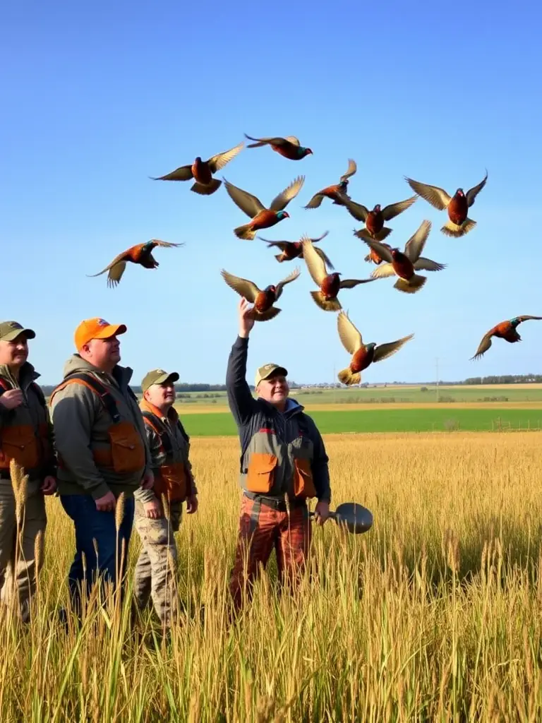 A photograph capturing a group of hunters from AMICALE DE CHASSE ET INTER- COMMUNALE DE MAISONS releasing pheasants into a field, showcasing their commitment to wildlife repopulation.