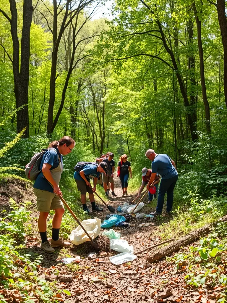 A photograph of AMICALE DE CHASSE ET INTER- COMMUNALE DE MAISONS members cleaning up a forest area, demonstrating their commitment to environmental stewardship and habitat preservation.