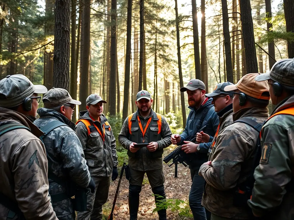 A photograph depicting a group of hunters participating in a controlled hunt, emphasizing safety and ethical hunting practices in a natural setting.