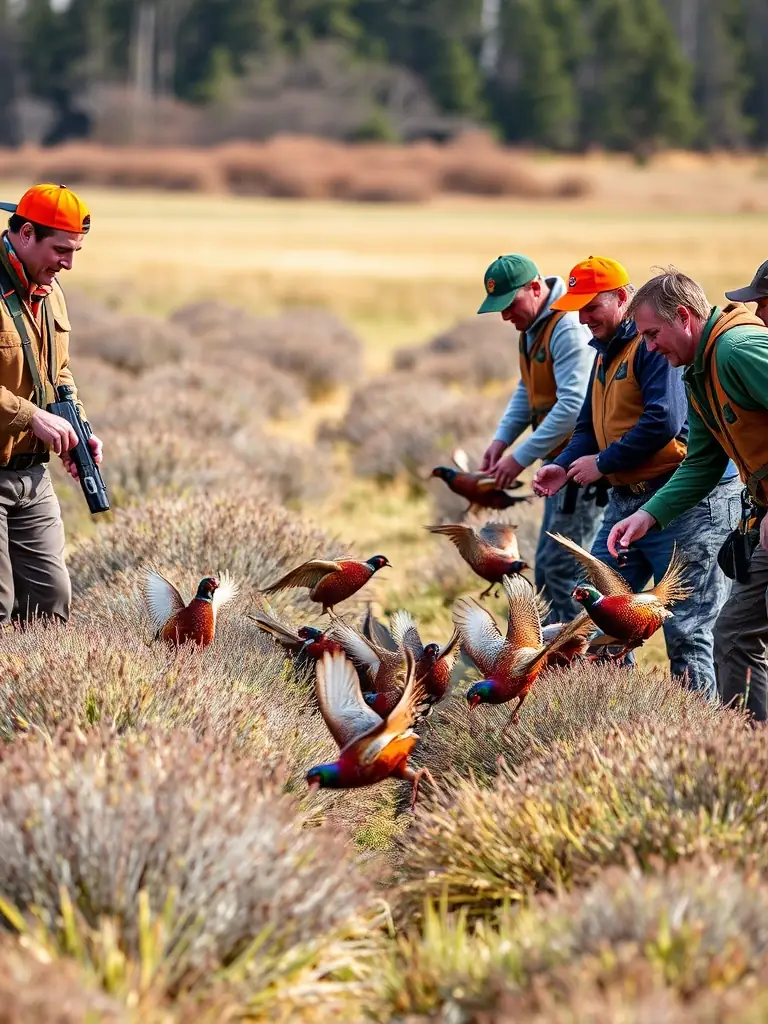 A photograph depicting the release of pheasants into a controlled hunting area, showcasing the organization's active role in game repopulation.
