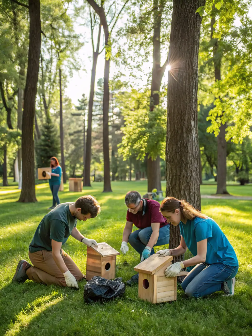 A photograph showing a group of volunteers constructing a wildlife habitat, such as a brush pile or nesting box, to support game repopulation efforts.