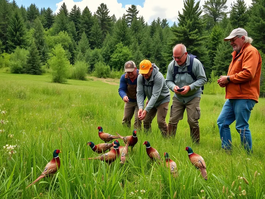 An image showing volunteers releasing pheasants into a field, illustrating the organization's commitment to repopulating game species.