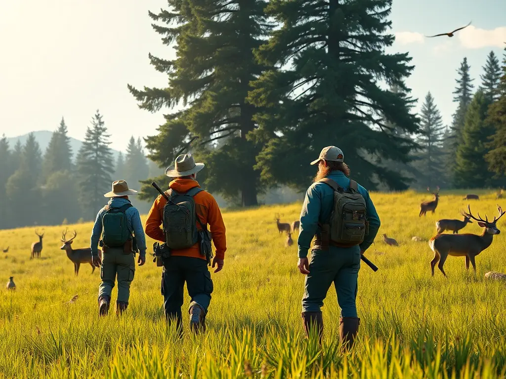 A group of hunters participating in a controlled hunt, demonstrating responsible hunting practices and adherence to safety regulations in a rural setting.