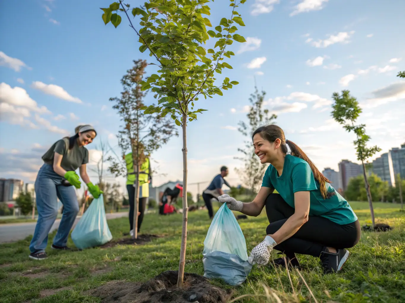 An image depicting ecosystem preservation activities, such as tree planting, waterway cleanup, and sustainable land management practices, highlighting the association's commitment to environmental stewardship.