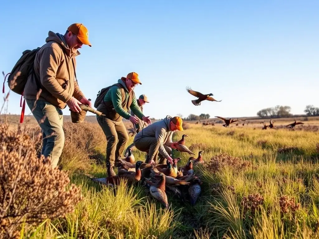 A photograph of members releasing game birds into a natural habitat, symbolizing the association's commitment to wildlife repopulation.