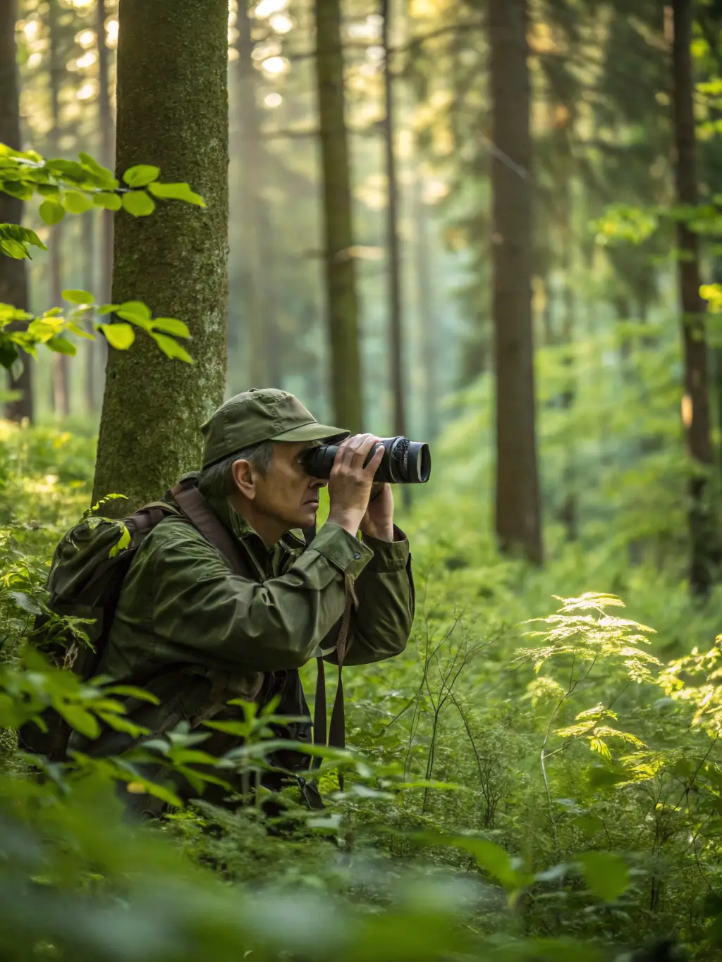An image showcasing the tracking and observation techniques used by members of AMICALE DE CHASSE ET INTER- COMMUNALE DE MAISONS during a hunting expedition, highlighting their respect for wildlife.